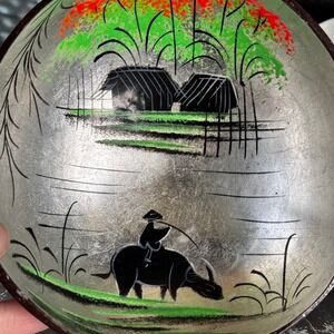 Coconut Shell Bowl Hand‎ Painted Silver Asian Scene Decor Set of 2